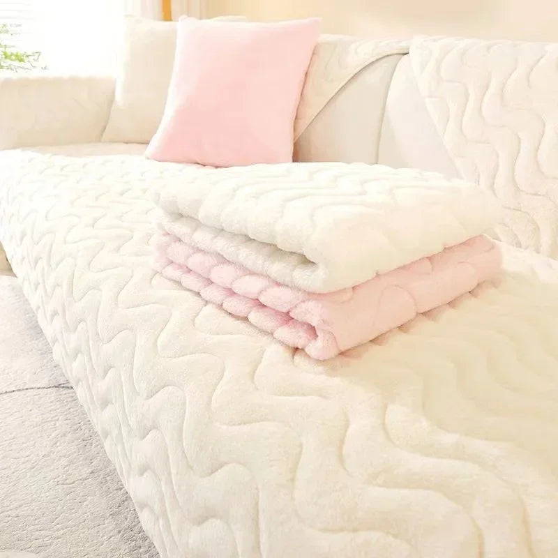 Super Soft Rabbit Plush Quilted Sofa Towel Winter Warm Thick Plush Couch Cover L-shaped Sectional Anti-slip Sofa Cover