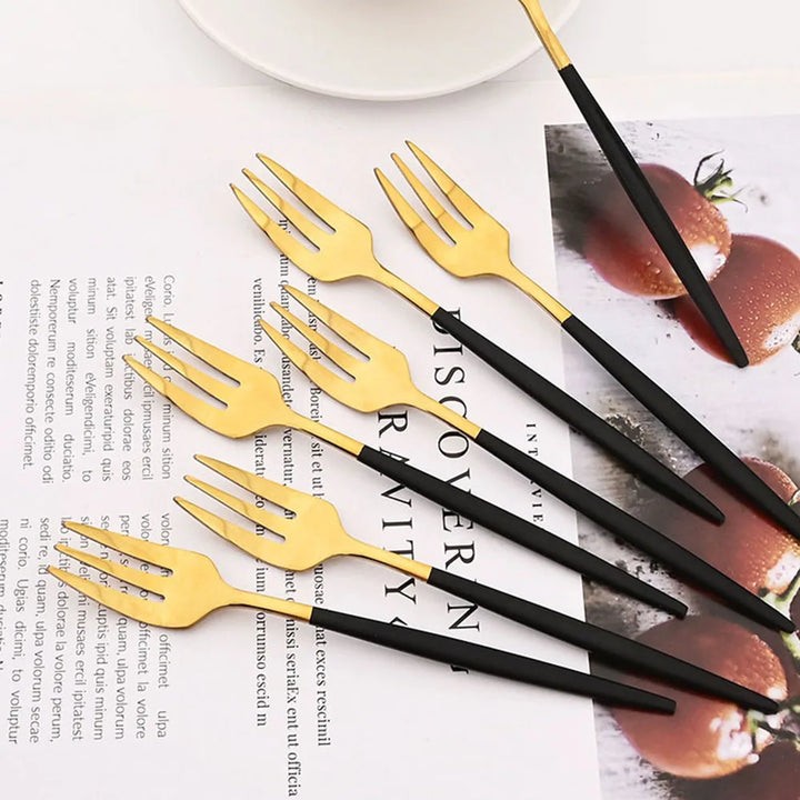 6Pcs Stainless Steel Tea Forks Black Gold Cake Fork Snack Salad Coffee Fruit Fork Mirror Cutlery Tableware Set Kitchen Utensils